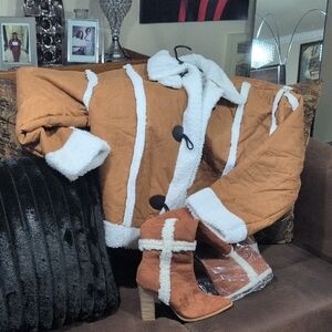 Brown and White Shearling Coat with Matching Boots Suede & Lamb NWOT.